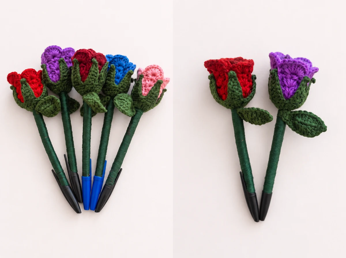 Bolígrafos decorados con rosas de crochet