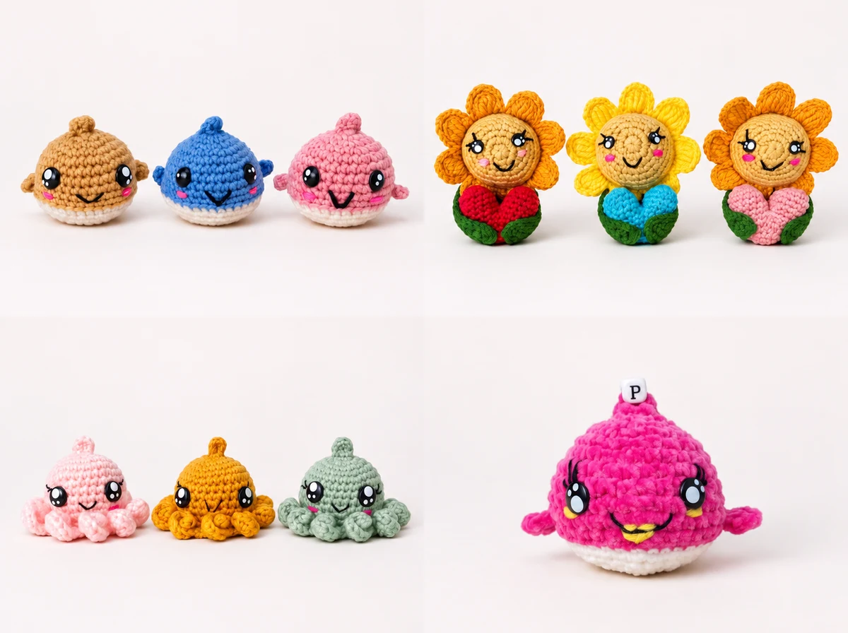 Llaveros de crochet: ballenas, pulpos y flores