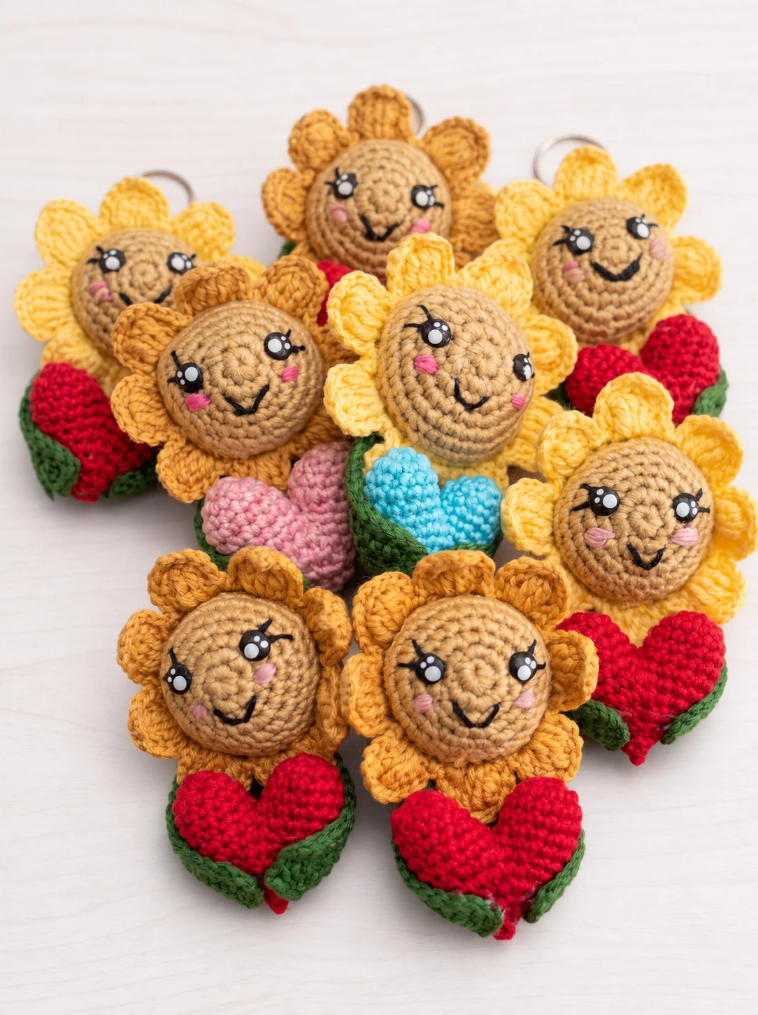 Llaveros de girasol de crochet con corazones de colores